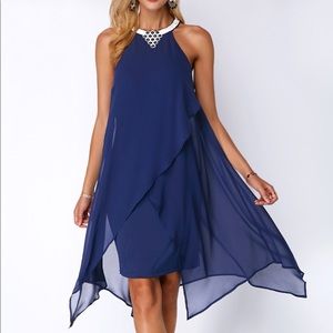 NWOT Blue Chiffon Overlay Embellished Neck Dress